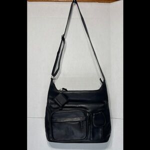 Mondani Black Faux Leather Crossbody Satchel Bag with Front Pockets